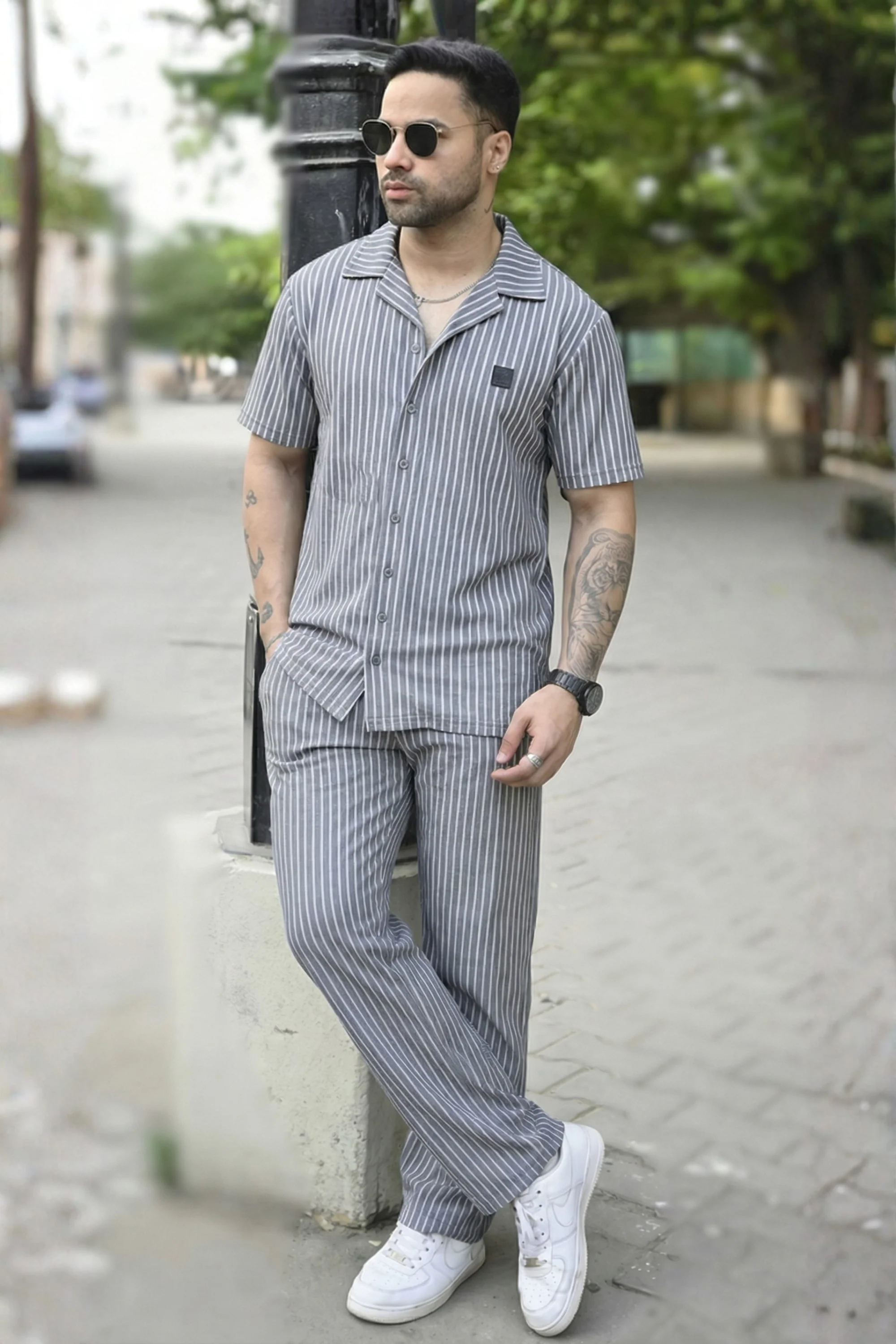 Spd Grey Stripe Button Up Set